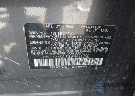 2022 Subaru Forester Premium z USA, uszkodzony, nr VIN JF2SKADC6NH434706